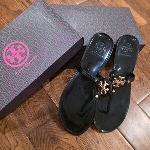 Tory Burch Black Sandals with Gold Logo